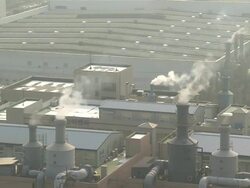 MS Shot of Panorama view of factory district which vomit forth smoke / Ansan, Gyeonggi-do, South Korea Stock Footage