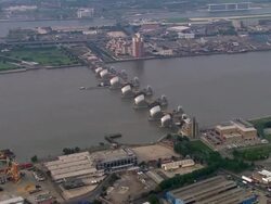 Aerial wide shot Thames barrier flood defence system / London Stock Footage
