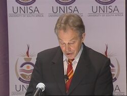 Blair gives presser during South Africa visit News Clip