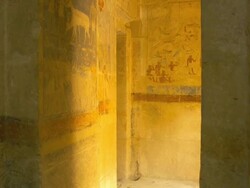 MS POV Mastaba interior ancient wall paintings / Saqqara, Egypt Stock Footage