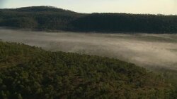 Fog settles in a mountain valley. Stock Footage