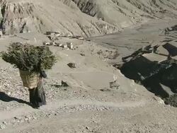 WS TD View of Tibet valley and village surrounding arid mountains / Saldang village, High Himalayas, Upper Dolpo near Tibetan border, Nepal  Stock Footage