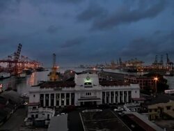 WS T/L ZO View of thunderstorm with lightning towers over the Port  and Custom House / Colombo, Western Province, Sri Lanka Stock Footage