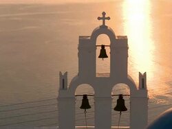 MS Church in Firostefani at sunset / Santorini, Cyclades Islands, Greece Stock Footage