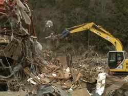 Destruction in Shizugawa city, Miyagi, Japan on 3rd April 2011; after tsunami following Tohuku earthquake of March 2011. Stock Footage