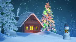 Cabin, Christmas tree and snowman in winter landscape at night Stock Footage