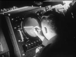 B/W 1947 over-the-shoulder man looking at radar screen timing Yeager's Bell X-1 airplane flight / CA / newsreel Stock Footage