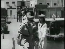 B/W 1948 British officer saluting + walking down dock / Israel / documentary Stock Footage