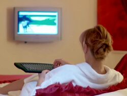 HD DOLLY: Watching TV Stock Footage