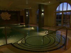 Luxurious indoor swimming pool, softly lit, Lough Erne, Northern Ireland Stock Footage