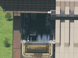 MS AERIAL ZO View of canal lifts for boats / Walloon Region, Belgium Stock Footage