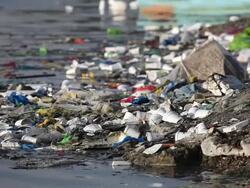 HD trash along polluted river bank Stock Footage