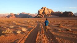Wadi Rum male walking desert track, Southern Jordan Stock Footage