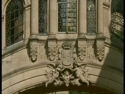 Bridge of Sighs, Hertford College, Oxford - CU middle of bridge with carved stonework including cherubs Stock Footage