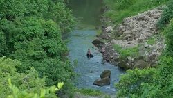 Locals bathing in river and washing clothes Stock Footage
