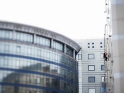 Windows cleaning in a downtown district Stock Footage