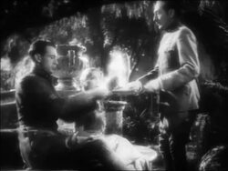 B/W 1932 couple (Gary Cooper + Helen Hayes) take tray of drinks from man (Adolphe Menjou) / feature Stock Footage