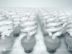 Camera movement over group of energy saving lightbulbs (bright) Stock Footage