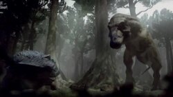 A Tyrannosaurus Rex battles an Ankylosaurus in a forest. Stock Footage