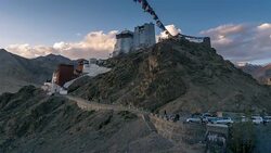Timelapse of Leh Palace and Namgyal Tsemo Gompa with Prayer Flags at Sunset ,Ladakh province, India Stock Footage