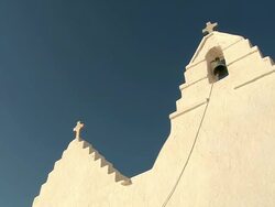 MS LA PAN Shot of church paraportiani / Mykonos, Cyclades, Greece Stock Footage