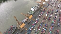 Thailand port container terminal aerial view Stock Footage