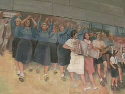  CU PAN Old wall paintings of German Democratic Republic at German ministry of finance and Leipziger Strasse street / Berlin, Germany Stock Footage