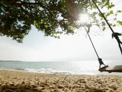 WS Empty swing swinging next to sea Stock Footage
