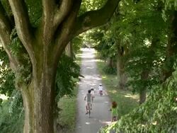 HD CRANE: Family Cycling In The Park Stock Footage