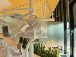 MS PAN Dentist smiling in dental consulting room / Berlin, Germany Stock Footage