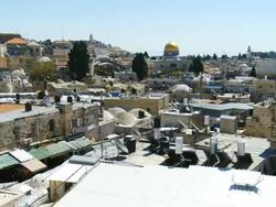 MS PAN Shot of muslim quarter and Dome of rock from Nablus gate / Jerusalem, Judea, Israel Stock Footage