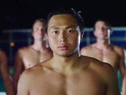 MS PAN Waterpolo team standing poolside / Riverside, California, United States Stock Footage