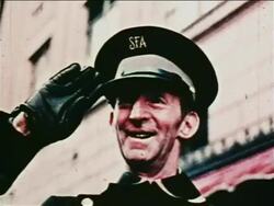 1962 close up man in Sak's Fifth Avenue uniform smiling + saluting during parade for John Glenn Stock Footage