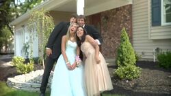 MS, Two young couples in prom attire standing in front of house, portrait, Edison, New Jersey, USA Stock Footage