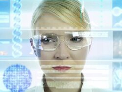 Woman scientist with a futuristic computer panel Stock Footage