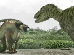 Medium Long Shot static - A Tyrannosaurus rex and Parasaurolophuses call to each other in a computer-generated animation. / Los Angeles, California, USA Stock Footage