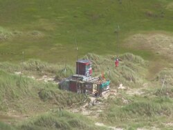 MS AERIAL Shot over scarecrow in farm field / Amrum, Schleswig Holstein Stock Footage