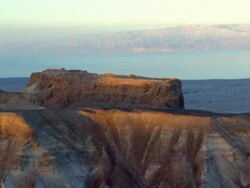 WS AERIAL ZO View of mountain near dead sea / Masada, Sourn Judea Desert, Israel  Stock Footage