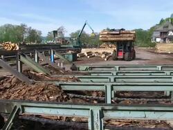 MS Forklift moving logs in lumberyard at saw mill / Schweich, Rhineland Palatinate, Germany Stock Footage