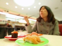 HD:Japanese woman eating sushi in the japanese restaurant. Stock Footage