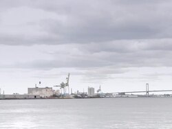 New Jersey shore with battleship seen from Philadelphia Stock Footage