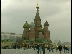 WA Cathedral of St. Basil in Red Square, people milling around, Moscow Stock Footage