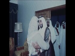 SYND 21 6 76 PLO CHAIRMAN ARAFAT GREETED BY UAE PRESIDENT ZAYED BEN SULTAN News Clip