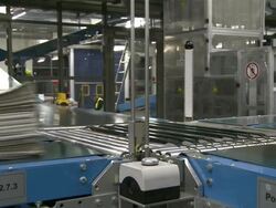 MS Conveyor belts at newspaper print office / Frankfurt, Hesse, Germany Stock Footage