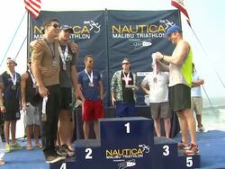 ATMOSPHERE - Award ceremony at Nautica Malibu Triathlon Presented by Equinox on 9/8/13 in Malibu, CA. Stock Footage
