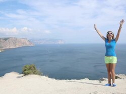 happy girl on the beautiful coast Stock Footage