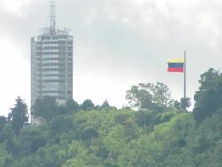 WS Flag standing over woods and tall building in background / Venezuela Stock Footage