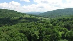 4K aerial footage rising above the trees in the Catskills, in upstate New York. 3840 X 2160. Sunny day. Stock Footage