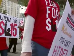 Fast Food Workers Rally At Chicago McDonald's To Raise Minimum Wage Stock Footage