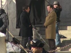 Ben Stiller & Ricky Gervais on location for the movie 'Night at the Museum 3' on the steps of the American Museum of Natural History Stock Footage